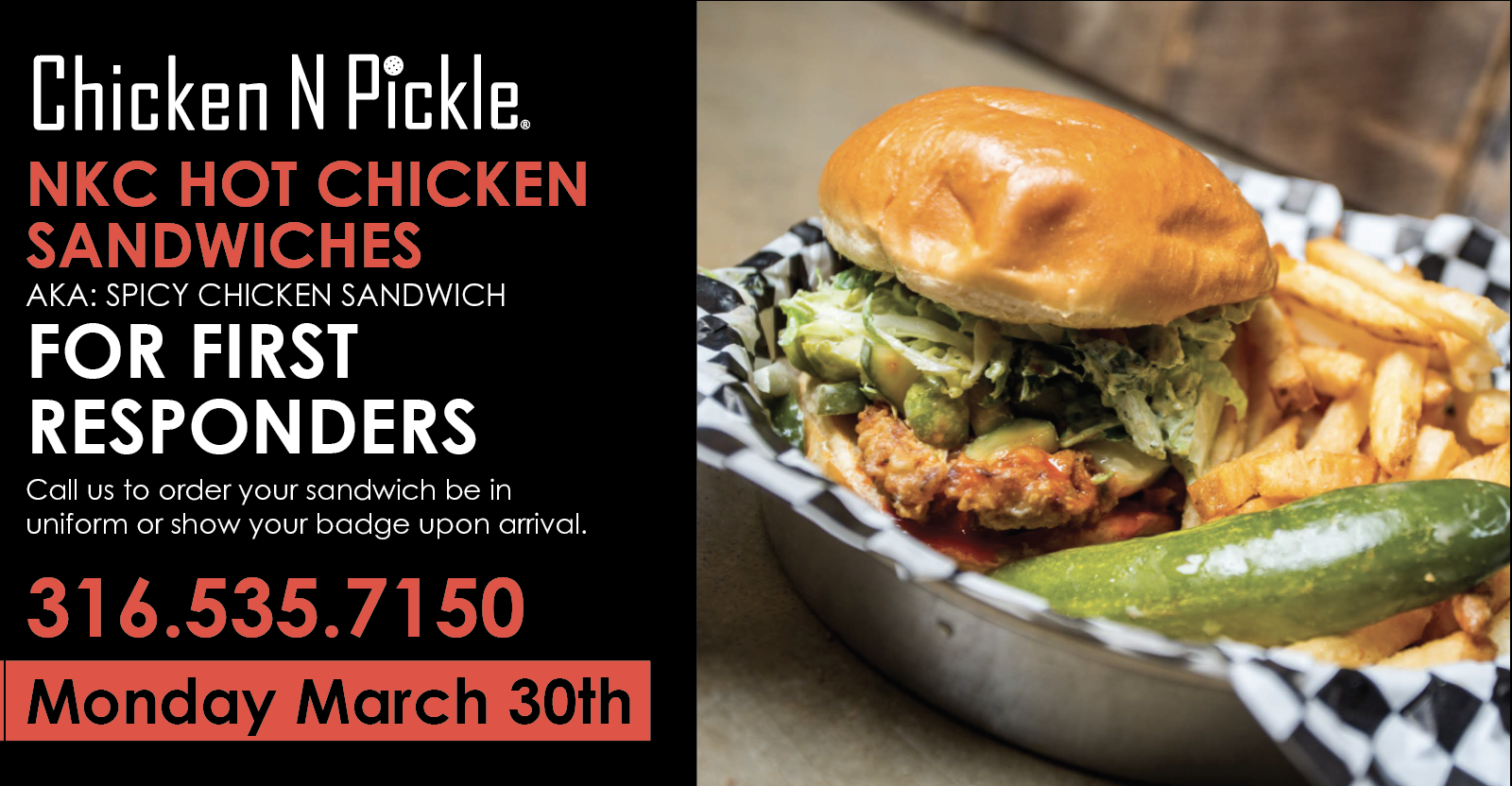 Free NKC Hot Chicken for First Responders - Wichita Chicken N Pickle