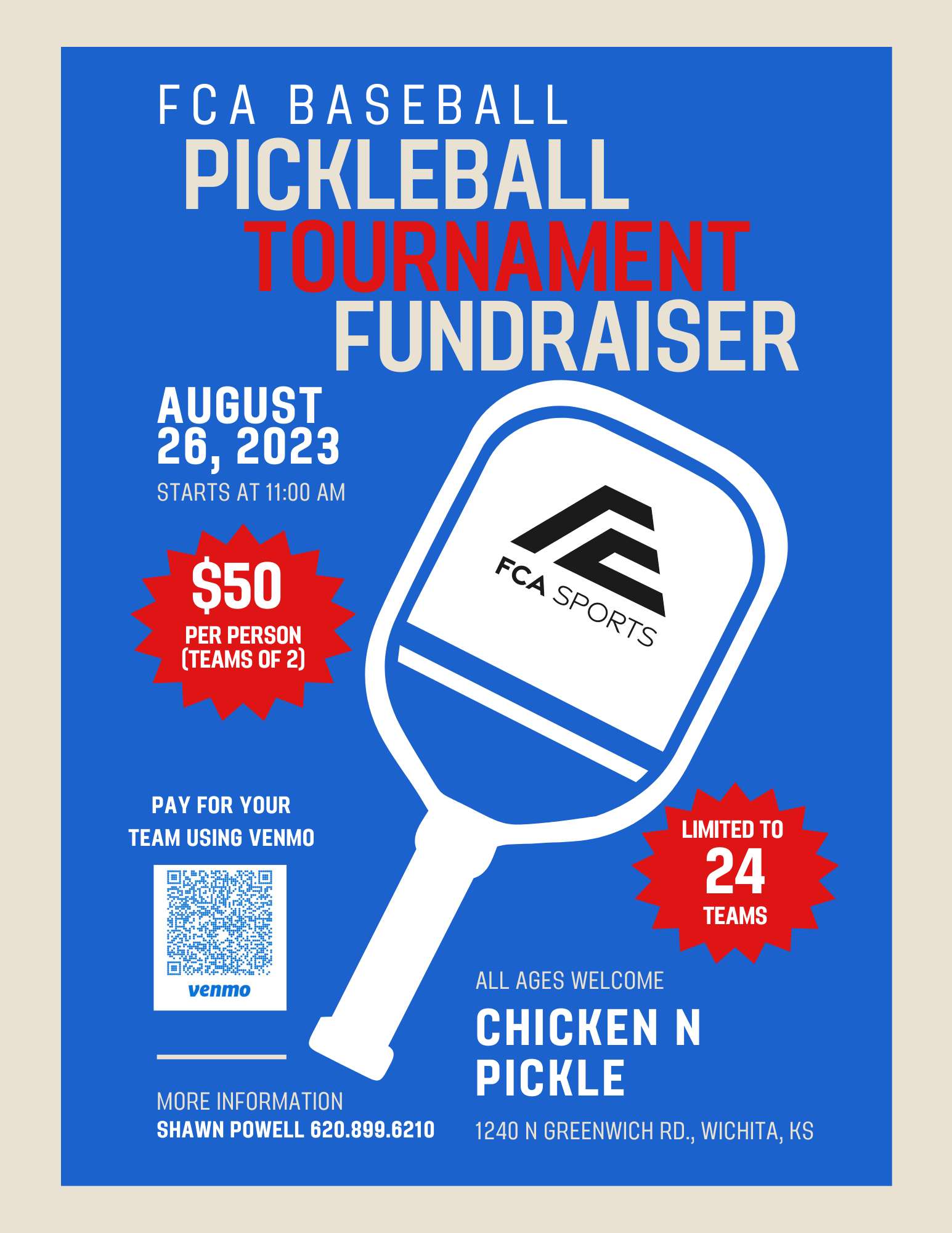 FCA Baseball Pickleball Tournament Fundraiser at CNP Wichita Chicken