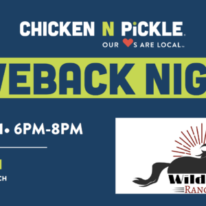 Event flyer for “Giveback Night” at Chicken N Pickle on November 11 from 6–8 PM, Giveback Benefiting Vets for Youth and Wildcat Ranch. Features a black horse logo with “Wildcat Ranch” text.