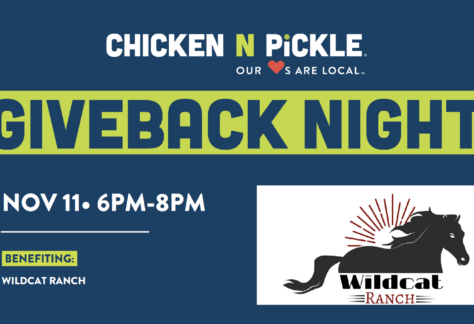 Event flyer for “Giveback Night” at Chicken N Pickle on November 11 from 6–8 PM, Giveback Benefiting Vets for Youth and Wildcat Ranch. Features a black horse logo with “Wildcat Ranch” text.