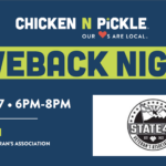 A promotional graphic for Chicken N Pickle Giveback Night on Nov 17 from 6–8 PM, Giveback Benefiting Vets for Youth and State 48 Veteran’s Association. The design features bold blue, green, and white text with the State 48 logo.