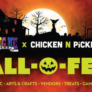 Spooky Halloween-themed event poster with a haunted house, full moon, bats, pumpkins, and silhouettes of trees. Text: Big Time Cinema x Chicken N Pickle HALL-O-FEST. Thrilling music, arts & crafts, vendors, treats, games, and more!.
