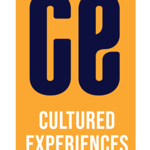 A rectangular orange logo with large dark blue letters CE on top, and the words CULTURED EXPERIENCES in white below. Faint text at the bottom reads, Empower. Thrive. Unite.—a design Giveback Benefiting Vets for Youth.