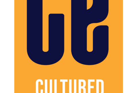 A rectangular orange logo with large dark blue letters CE on top, and the words CULTURED EXPERIENCES in white below. Faint text at the bottom reads, Empower. Thrive. Unite.—a design Giveback Benefiting Vets for Youth.