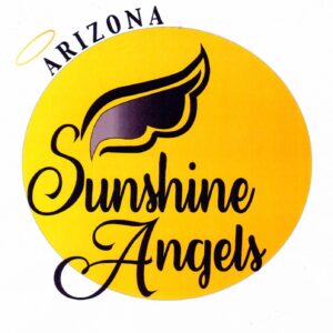 A yellow circle with a stylized black wing and the words Arizona Sunshine Angels in cursive black font; a halo is above "Arizona," highlighting the group's Giveback mission benefiting vets and youth.