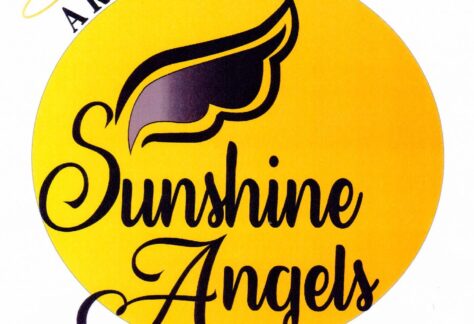 A yellow circle with a stylized black wing and the words Arizona Sunshine Angels in cursive black font; a halo is above "Arizona," highlighting the group's Giveback mission benefiting vets and youth.