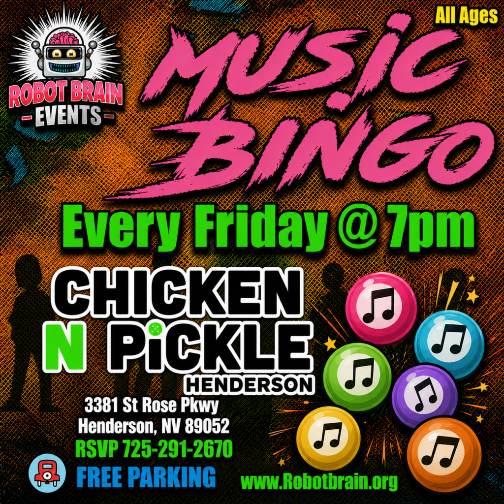 Colorful flyer for Music Bingo at Chicken N Pickle Henderson, every Friday at 7pm. RSVP at 725-291-2670. Event for all ages, free parking. Address: 3381 St Rose Pkwy, Henderson, NV.