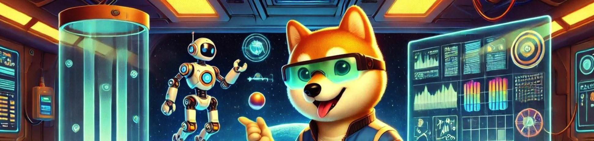 A cartoon Shiba Inu in futuristic glasses stands in a colorful sci-fi control room with a small robot, digital screens, charts, and space scenery visible through a window in the background.
