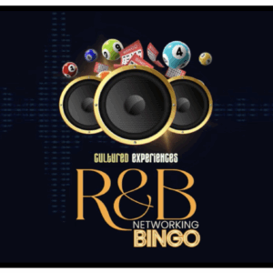 A graphic features three large speakers surrounded by bingo balls and cards. The text below reads: Cultured Experiences R&B Networking Bingo on a dark background with a subtle equalizer graphic.