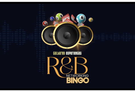 A graphic features three large speakers surrounded by bingo balls and cards. The text below reads: Cultured Experiences R&B Networking Bingo on a dark background with a subtle equalizer graphic.