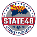Circle logo with an Arizona flag, stars around the border, and large text reading STATE 48. Below, it says Veterans Association, EST 2022, with a small handshake icon in the center—proudly supporting Giveback Benefiting Vets for Youth.