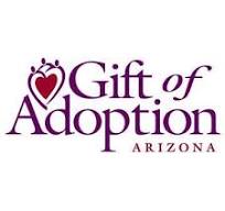 Logo for Gift of Adoption Arizona featuring purple text and a heart design above the letter A in Adoption, formed by two abstract figures with arms raised—perfect for giveback events benefiting vets or youth in need.