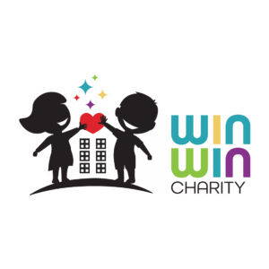Two children hold a red heart above a building, surrounded by colorful stars. “WIN WIN CHARITY” appears on the right in bold, multicolored letters, celebrating giveback and Benefiting Vets for Youth.