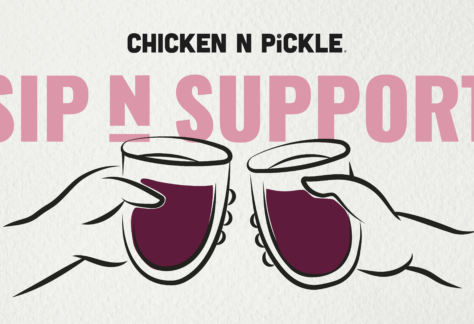 Illustration of two hands clinking wine glasses filled with a dark liquid. Above, the text reads CHICKEN N PICKLE. Below, large pink text says SIP N SUPPORT on a white textured background.