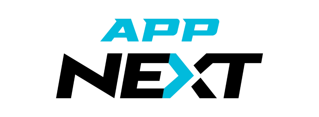 The image displays the word APP in bold, blue capital letters above a blue angular shape resembling a right arrow, all set against a black background.