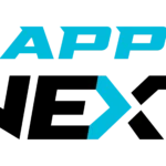 The image displays the word APP in bold, blue capital letters above a blue angular shape resembling a right arrow, all set against a black background.