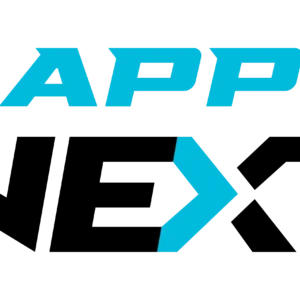 The image displays the word APP in bold, blue capital letters above a blue angular shape resembling a right arrow, all set against a black background.