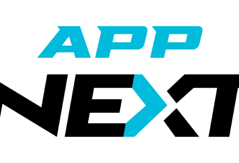 The image displays the word APP in bold, blue capital letters above a blue angular shape resembling a right arrow, all set against a black background.