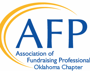 Logo for the Association of Fundraising Professionals Oklahoma Chapter, featuring the initials AFP in large blue letters with a yellow curved line arching around them, symbolizing a giveback mission benefiting vets and youth.