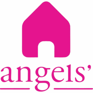 A pink logo featuring a simple house shape with a halo above it symbolizes giveback. Below the house, the words “angels’ arms” are written in lowercase letters, “angels’” underlined, benefiting vets and supporting youth.