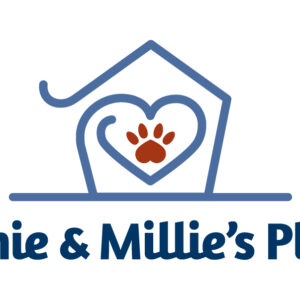 Logo for Annie & Millie’s Place featuring a blue house outline with a heart and red paw print, symbolizing their giveback mission benefiting vets for youth. The name appears below in bold blue letters.