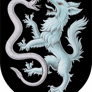 A heraldic shield featuring a light blue wolf standing on its hind legs, facing a coiled white serpent, both set against a black background—symbolizing the Giveback Benefiting Vets for Youth initiative.