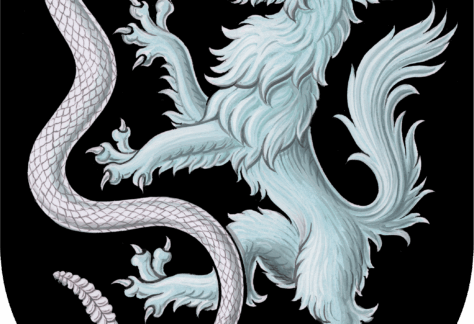 A heraldic shield featuring a light blue wolf standing on its hind legs, facing a coiled white serpent, both set against a black background—symbolizing the Giveback Benefiting Vets for Youth initiative.