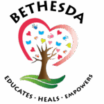 A logo with the word BETHESDA above a tree inside a pink heart. Colorful hearts, handprints, and books surround the tree, symbolizing giveback and benefiting vets for youth. EDUCATES · HEALS · EMPOWERS appears in a curve below the image.