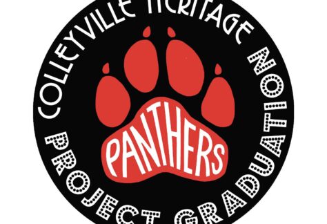 Circular logo featuring a red panther paw print in the center with "PANTHERS" in white. Encircling the paw, the text reads Colleyville Heritage Noon Project Graduation—Giveback Benefiting Vets for Youth.