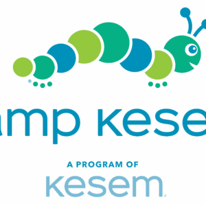 Logo for Camp Kesem featuring a colorful caterpillar above the words camp kesem. Below is the phrase “A program of Kesem.” The playful blue and green design embodies a giveback spirit, benefiting youth with its friendly look.
