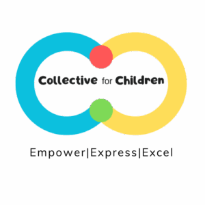 Logo with blue and yellow interlocking circles, joined by red and green dots. Text inside reads Collective for Children. Below, in black: Empower | Express | Excel. Proudly a Giveback Benefiting Vets for Youth. White background.