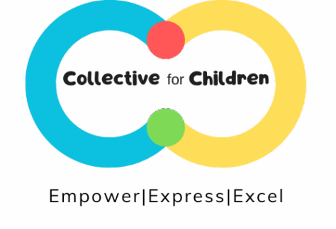 Logo with blue and yellow interlocking circles, joined by red and green dots. Text inside reads Collective for Children. Below, in black: Empower | Express | Excel. Proudly a Giveback Benefiting Vets for Youth. White background.