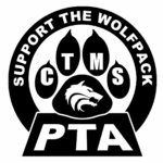 A black and white circular logo with SUPPORT THE WOLFPACK around a wolf paw print, CTMS in the toes, a wolf head in the center, and PTA in bold letters at the bottom—Benefiting Vets for Youth through Giveback initiatives.