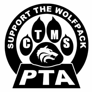 A black and white circular logo with SUPPORT THE WOLFPACK around a wolf paw print, CTMS in the toes, a wolf head in the center, and PTA in bold letters at the bottom—Benefiting Vets for Youth through Giveback initiatives.