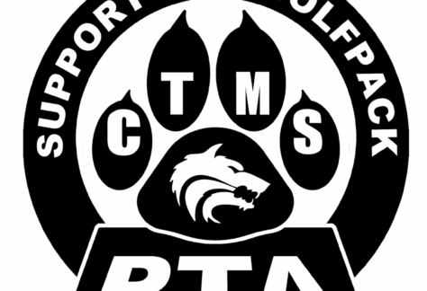 A black and white circular logo with SUPPORT THE WOLFPACK around a wolf paw print, CTMS in the toes, a wolf head in the center, and PTA in bold letters at the bottom—Benefiting Vets for Youth through Giveback initiatives.
