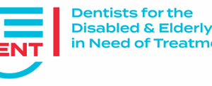 Logo for D-DENT, showing the text Dentists for the Disabled & Elderly in Need of Treatment in blue, next to a red and blue stylized graphic with the letters D and DENT, highlighting their giveback efforts benefiting vets and youth.