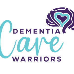 Logo with the words Dementia Care Warriors, featuring a stylized brain in purple with a heart shape at its center. The word Care is written in large, light blue cursive text, Giveback benefiting Vets for Youth.