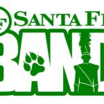 Green and white logo for Santa Fe Band featuring a paw print in the letter A of BAND and a marching band figure inside the letter N. Santa Fe is written above in large letters. Design highlights a Giveback Benefiting Vets for Youth.