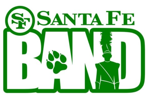 Green and white logo for Santa Fe Band featuring a paw print in the letter A of BAND and a marching band figure inside the letter N. Santa Fe is written above in large letters. Design highlights a Giveback Benefiting Vets for Youth.