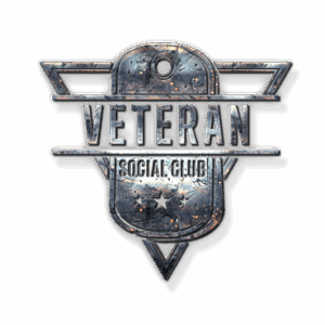 A metallic emblem with dog tags features the words Veteran Social Club in bold, distressed letters, accented by stars and geometric shapes—proudly representing a Giveback Benefiting Vets for Youth on a white background.