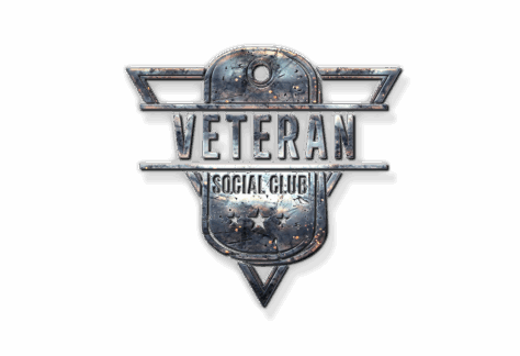 A metallic emblem with dog tags features the words Veteran Social Club in bold, distressed letters, accented by stars and geometric shapes—proudly representing a Giveback Benefiting Vets for Youth on a white background.