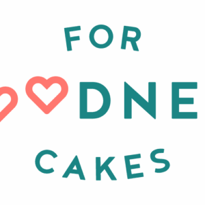 Logo with the words For Goodness Cakes, featuring pink heart-shaped Os in Goodness. The teal text on a light background highlights their giveback mission, benefiting vets and youth in the community.