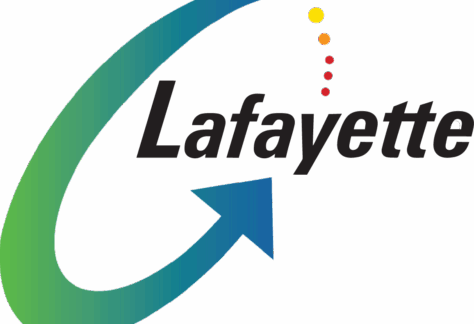 Logo with the word Lafayette in black font, overlaid on a curved green-to-blue arrow and a series of yellow to red dots arching above the text, symbolizing its Giveback Benefiting Vets for Youth initiative.