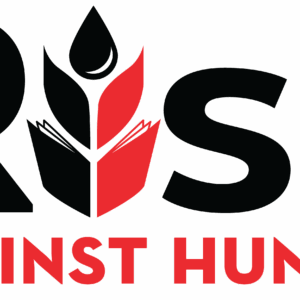 Rise Against Hunger logo with the word Rise in black, featuring a stylized red and black seedling with a flame as the letter i. The words AGAINST HUNGER, supporting Giveback Benefiting Vets for Youth, appear in bold red capital letters below.
