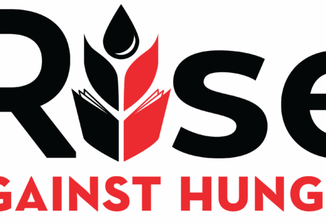 Rise Against Hunger logo with the word Rise in black, featuring a stylized red and black seedling with a flame as the letter i. The words AGAINST HUNGER, supporting Giveback Benefiting Vets for Youth, appear in bold red capital letters below.