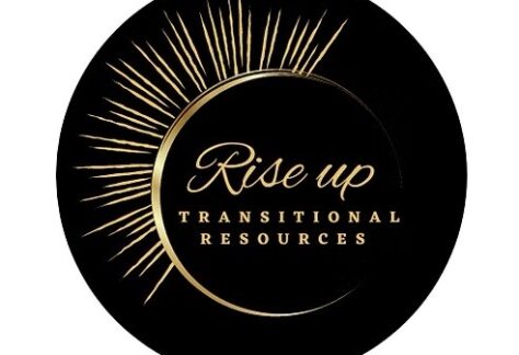 A black circular logo with a gold sunburst on the upper left. In the center, gold script and block letters read: Rise up TRANSITIONAL RESOURCES, benefiting Vets for Youth through impactful giveback initiatives.