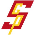 Stylized logo featuring large red S with yellow G on top and yellow P below, all outlined in white, arranged diagonally on a light gray background—created for a Giveback Benefiting Vets for Youth.