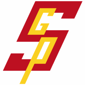 Stylized logo featuring large red S with yellow G on top and yellow P below, all outlined in white, arranged diagonally on a light gray background—created for a Giveback Benefiting Vets for Youth.