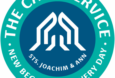 A circular logo with a teal border displaying THE CARE SERVICE at the top and NEW BEGINNINGS EVERY DAY at the bottom. Inside, white stylized hands and STS. JOACHIM & ANN appear on a blue background, symbolizing giveback and support for youth.