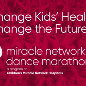 White text on a red background reads, “Change Kids’ Health. Change the Future. miracle network dance marathon,” with a drop logo and “a program of Children’s Miracle Network Hospitals.” Crowds of cheering people are faintly visible behind the text.